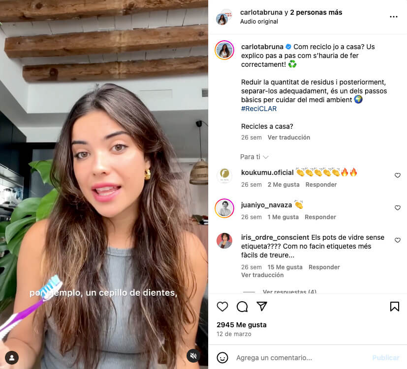 Ejemplo de microinfluencer con marca de sostenibilidad ecologico